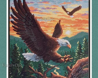 Vintage Needlepoint Kit: LANDING EAGLE by Dimensions,  Majestic, Mountains, Nature, Wildlife, Birds, Nature, Teal, Sunrise, Sunset, Sky