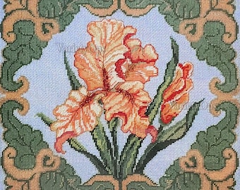 Yr 2006 Needlepoint Kit: GOLDEN IRIS by Candamar FLOSS Kit, Metallic accent, Bead accent, Single, Flower, Flowers, Scroll, Filigree, Floral