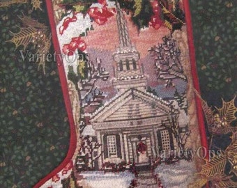 Vintage Needlepoint Kit: CHRISTMAS DAWN Stocking by Dimensions, Floss, Metallic Accent, Holy, Church, Faith, Religion, Christian, Snow