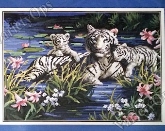 Vintage Needlepoint Kit: Mother and Cubs by Dimensions A FLOSS Kit, White Tigers, Nature, Jungle, water, rainforest, Lake, water, wild, cats