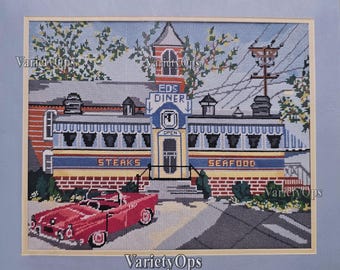 Vintage Needlepoint Kit: ED'S DINER sz 18x14 Candamar's Something Special - FLOSS Kit, Restaurant, Old Days, Old Days, History, antique, car