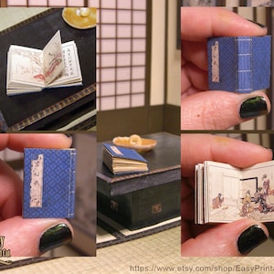 Old Japanese Poem Book. Illustrated miniature for dollhouses, dioramas and roombox in 1:12 scale. Digital download, includes easy tutorial.