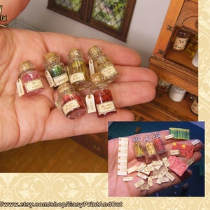 May include: A hand holding seven small glass jars with cork tops. The jars are filled with various colorful ingredients, such as red pepper flakes, dried cranberries, and green beans. Each jar has a label with a handwritten name, such as "Red Chili Peppers" and "Dried Cranberries".