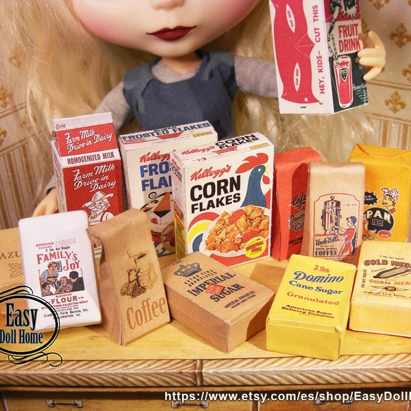 1:6 Printable Miniature Vintage Grocery Set with Cereals, flour, sugar, coffee.... Digital download, DIY, for Blythe Barbie..free tutorial.