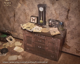 Miniature sideboard, Abandoned style, grey tones, 1:12 scale DIGITAL DOWNLOAD,  Miniature easy DIY, dollhouses, dioramas... with Tutorial