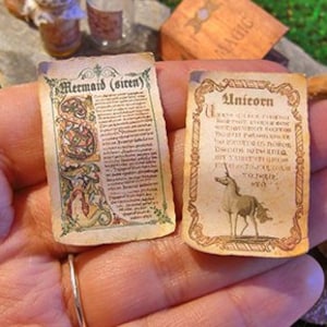 Two Miniature Magic Scrolls, two sides parchment, sirens and unicorns,  printable  Digital DOWNLOAD, dollhouses in 1:12 scale, DIY tutorial.