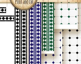 Sols de salle de bain pour maison de poupée : motifs de carreaux verts, noirs et bleus (téléchargement imprimable)