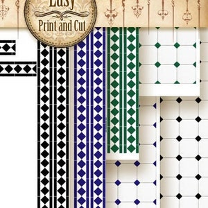 May include: Printable dollhouse floor tiles in black and white, green and blue diamond patterns.  Easy Print and Cut. Victorian Bathroom, Green, Blue and Black.