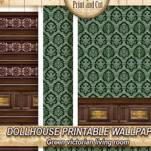 Druckbare Tapete fürs Puppenhaus, Viktorianisches Wohnzimmer in Grün. Holzplatte, DIGITAL DOWNLOAD, für 1:12 Puppenhäuser, das Muster ist aneinander fliesbar.