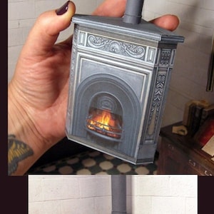 Miniatura imprimible. Estufa esquinera victoriana de hierro fundido. Chimenea antigua de salón de 1900. DESCARGA DIGITAL. Chimenea DIY para muñecas. Tutorial.