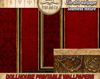 Fond d'écran Dollhouse, moulure décorative, panneau de velours rouge. Victorien. Steampunk. Gothique. Motifs répétitifs TÉLÉCHARGEMENT NUMÉRIQUE 1:12. Miniature