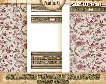 Papel pintado para casa de muñecas: Salón de té victoriano, pájaros y flores (descarga digital)