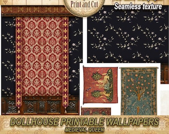 Papel pintado para casas de muñecas: paneles y bordes bordados medievales (descarga digital)