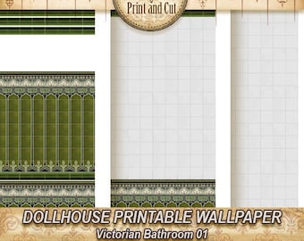 Papier peint pour maison de poupée : salle de bains victorienne en carrelage vert (téléchargement numérique)