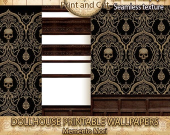 Miniature 1:12 scale Dollhouse Wallpaper, "Memento Mori", creepy wallpapers perfect for halloween and dramatics scenes, victorian style.