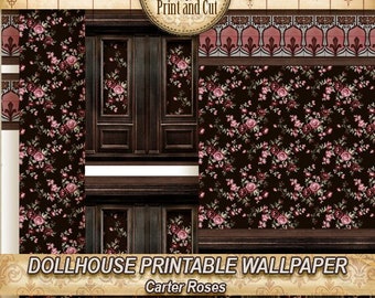 Dollhouse Wallpaper, decorative molding and roses,"Carter Roses", Digital DOWNLOAD. 1:12 scale dollhouses,  easy Tutorial.