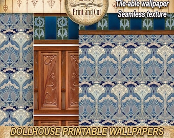 Papier peint pour maison de poupée : panneaux de carreaux de bois Art nouveau (téléchargement numérique)