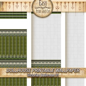 Könnte beinhalten: Druckbarer Puppenhaus-Tapete mit einem viktorianischen Badezimmer-Design mit grünen und weißen Fliesen. Die Tapete ist mit "Dollhouse Printable Wallpaper Victorian Bathroom 01" beschriftet.