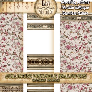 Puppenhaus-Tapete, Zierleiste, Vögel und Blumen. VICTORIAN Tee-Zimmer. Rapportmuster DIGITAL DOWNLOAD 12th Tutorial Miniature