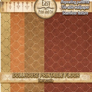 4 Dollhouse terracotta floors, 4 color tones of wood .Repeating  patterns . PRINTABLE DIGITAL DOWNLOAD. 1:12 scale. Miniatures. Roombox.