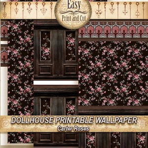 Dollhouse Wallpaper, decorative molding and roses,&quot;Carter Roses&quot;, Digital DOWNLOAD. 1:12 scale dollhouses,  easy Tutorial.