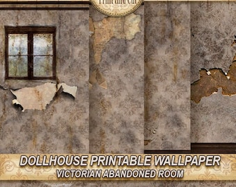 Papier peint maison de poupée abandonnée, miniature à l'échelle 1:12, « chambre abandonnée victorienne », style victorien et antique, téléchargement imprimable, bricolage