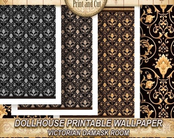 Papel pintado para casa de muñecas, miniatura a escala 1:12, "Habitación victoriana de damasco", estilo victoriano y antiguo, descarga imprimible, hazlo tú mismo.