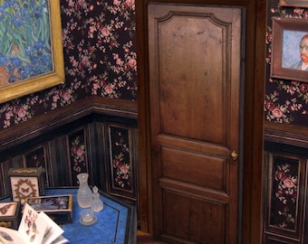 Dark Wood Door with Door Frame and gift of a  Framed Art the door have two diferent Sides, Printable DIGITAL DOWNLOAD for 1:12 scale minis.