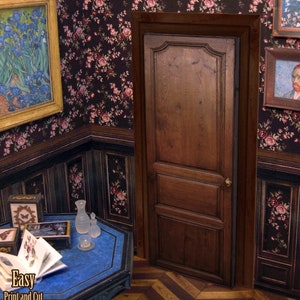 Dark Wood Door with Door Frame and gift of a  Framed Art the door have two diferent Sides, Printable DIGITAL DOWNLOAD for 1:12 scale minis.