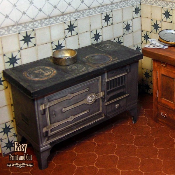 Victorian Cast Iron cooking stove 1900 Antique kitchen. DIGITAL DOWNLOAD. 12th. papercraft DIY dollhouse. Tutorial