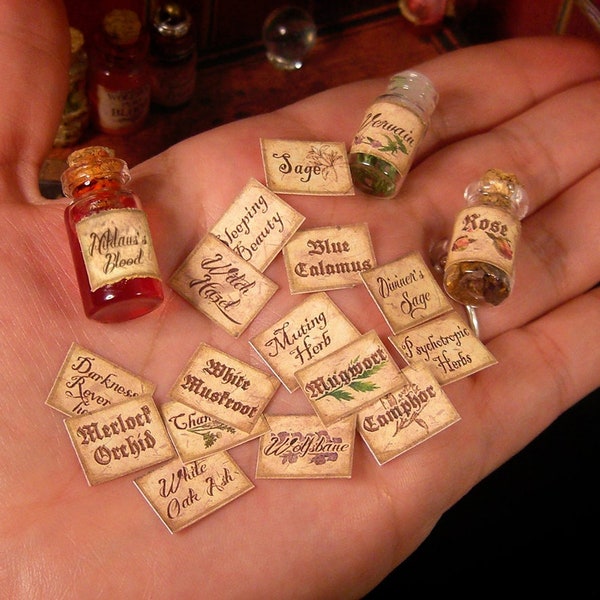 18 Miniature Magic apothecary labels, 1:12 scale, with 32 sealing wax, Fantasy Potion Labels, DIGITAL DOWNLOAD, Vampire Diaries inspiration