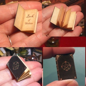 Könnte beinhalten: Ein Miniaturbuch mit schwarzem Einband und goldenen Akzenten. Der Einband zeigt ein Pentagramm mit Rosen drumherum. Das Buch ist geöffnet und zeigt leere Seiten. Das Buch trägt den Titel "Book of Shadows".