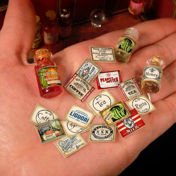 18 Miniature Antique Grocery labels, 1:12 scale, 32 sealing wax, coffee, tea, pasta, sugar, milk, food, honey jar, PRINTABLE DIGITAL DIY