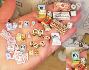 Produits de salle de bain anciens, boîtes à savon, talc, papier toilette, dentifrice en poudre, étiquettes... Miniature imprimable, maison de poupée, à l'échelle 1:12