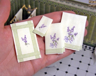 1:12 Miniature Victorian Towels Set, lavender, 3 towels and the bath mat, Printable, one or two sides, tutorial, DIY papercraft (or fabric).