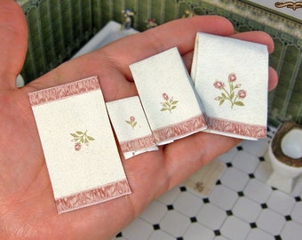 1:12 Miniature Victorian Towels Set 03, Spring Roses, 3 towels and the bath mat, Printable, one or two sides, DIY papercraft (or fabric).