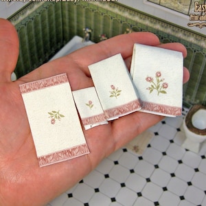 1:12 Miniature Victorian Towels Set 03, Spring Roses, 3 towels and the bath mat, Printable, one or two sides, DIY papercraft (or fabric).