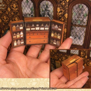 Miniature victorian apothecary medical kit case, antique medicine bottles, Dollhouse 1:12 scale Printable DOWNLOAD, curiosities and oddities