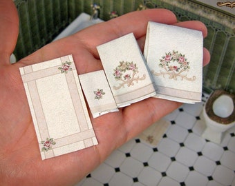 1:12 Miniature Victorian Towels Set 01, 3 towels and the bath mat, Printable, one or two sides, easy tutorial,  DIY papercraft (or fabric).