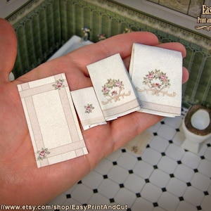 1:12 Miniature Victorian Towels Set 01, 3 towels and the bath mat, Printable, one or two sides, easy tutorial,  DIY papercraft (or fabric).