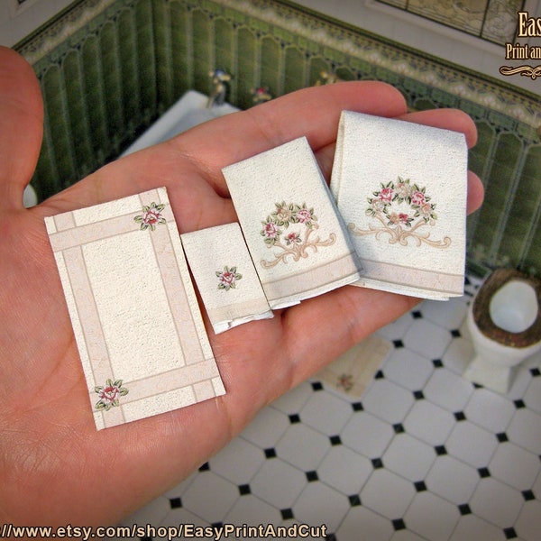 1:12 Miniature Victorian Towels Set 01, 3 towels and the bath mat, Printable, one or two sides, easy tutorial,  DIY papercraft (or fabric).