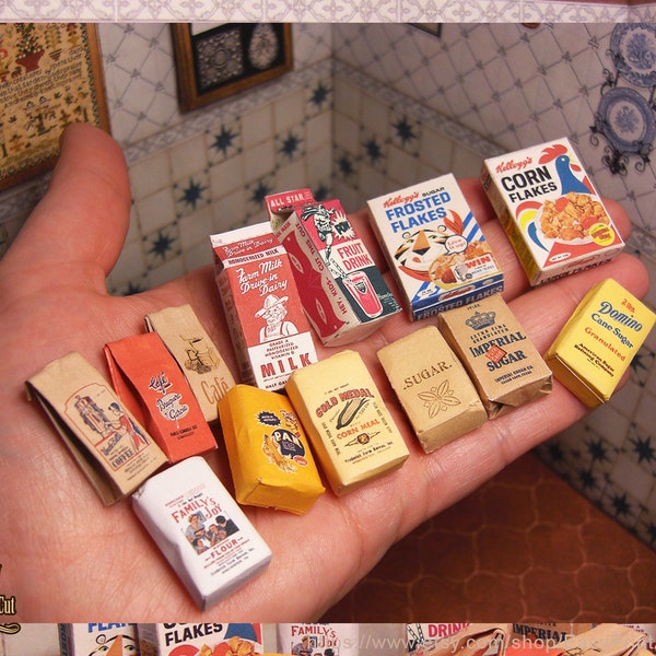 Vintage supermarket grocery set, Cereals, flour, sugar, coffee, juice, milk... Printable Miniature dollhouse in scale 1:12. Easy tutorial