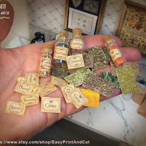 May include: A collection of miniature spice jars and labels, including cinnamon, black pepper, and paprika. The labels feature names like basil, rosemary, and cloves. The image also includes small, colourful spice packets. The text "Easy Print and Cut" is visible in the upper left corner.