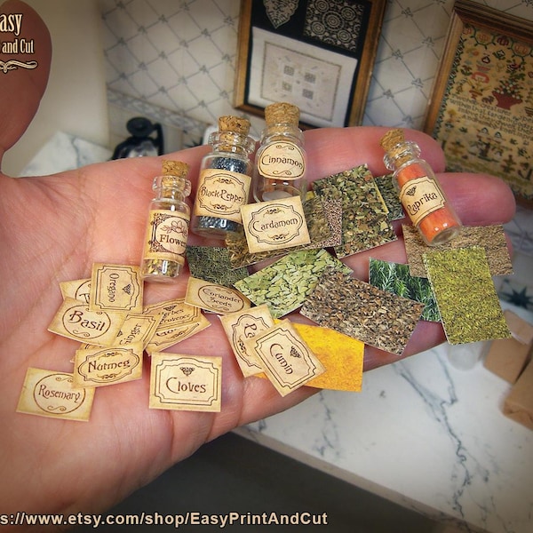 18 etiquetas miniatura antiguas para especias, escala 1:12, 32 sellos de cera, imágenes de los rellenos IMPRIMIBLES DIGITALMENTE PARA HACER TÚ MISMO, Salvia, Ajo, Jengibre...