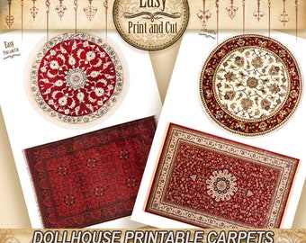 4 Dollhouse Carpets, Rugs, Red Tones, for dollhouse dioramas and roombox 1:12 scale. RINTABLE DIGITAL DOWNLOAD, miniature carpets.