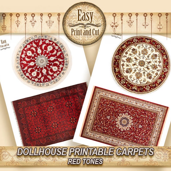 4 Dollhouse Carpets, Rugs, Red Tones, for dollhouse dioramas and roombox 1:12 scale. RINTABLE DIGITAL DOWNLOAD, miniature carpets.