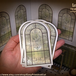 6 Dollhouse windows 1:12 scale, printable, miniature victorian bathroom windows,  Clear stained glass  DIGITAL DOWNLOAD its easy papercraft.