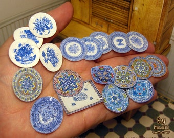 Decorative Plates Set, Vintage style, Ceramic dishes, Miniature dollhouses in 1:12 scale, printable DOWNLOAD, easy Tutorial DIY.