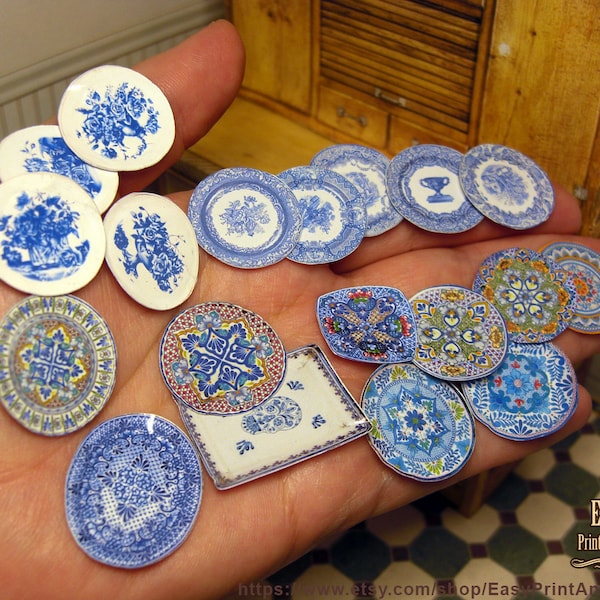 Dekoratives Teller-Set, Vintage-Stil, Keramikgeschirr, Miniatur-Puppenhäuser im Maßstab 1:12, druckbarer DOWNLOAD, einfache Anleitung zum Selbermachen.