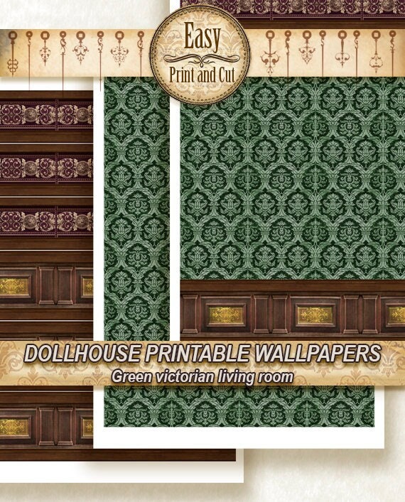 Printable Dollhouse Wallpaper Green Victorian Living Room. - Etsy Printable Dollhouse Wallpaper Green Victorian Living Room. - Etsy